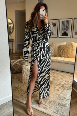 Clearance Renna Zebra Long Sleeve Wrap Midi Dress Midi Dresses