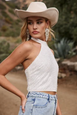 Fashion Riley White Sequin Halter Top Going Out Tops|Tees + Tanks
