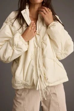 Fashion Rosey Cream Zip Front Puffer Coat Jackets|Long Sleeves