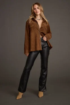 Discount Rustic Pines Brown Suede Button Down Top Long Sleeves|Festival Tops