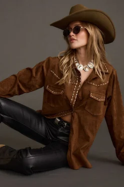 Discount Rustic Pines Brown Suede Button Down Top Long Sleeves|Festival Tops