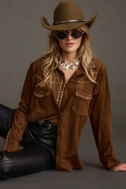Discount Rustic Pines Brown Suede Button Down Top Long Sleeves|Festival Tops