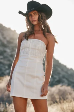 Fashion Rylie White Denim Strapless Fringe Mini Dress Denim + Diamonds Bachelorette|Western Bachelorette