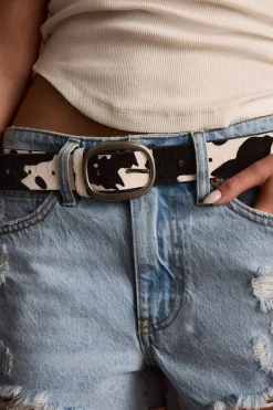 Outlet Saddle Black and White Cow Print Genuine Leather Belt Belts|Western Bachelorette