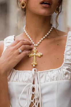 Online Santina Pearl and Gold Statement Cross Necklace Golden Hour Bachelorette|Western Bachelorette
