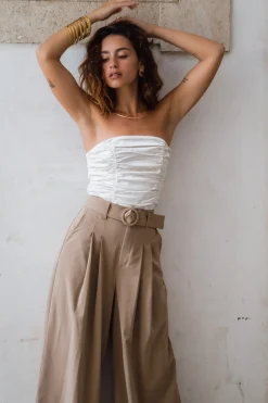 Sale Savina Ivory Strapless Ruched Satin Top Going Out Tops|The White Edit