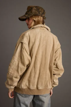 Outlet Sawyer Washed Tan Oversized Bomber Jacket Long Sleeves|For You And Your Bestie