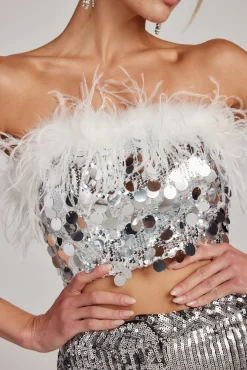 Clearance Sella Silver Sequin & Feather Trim Tube Top Going Out Tops|Tees + Tanks