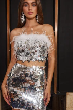 Clearance Sella Silver Sequin & Feather Trim Tube Top Going Out Tops|Tees + Tanks