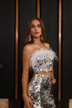 Clearance Sella Silver Sequin & Feather Trim Tube Top Going Out Tops|Tees + Tanks