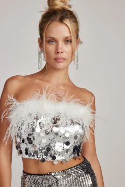 Clearance Sella Silver Sequin & Feather Trim Tube Top Going Out Tops|Tees + Tanks