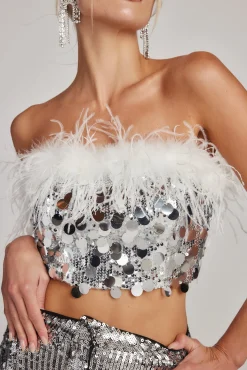 Clearance Sella Silver Sequin & Feather Trim Tube Top Going Out Tops|Tees + Tanks
