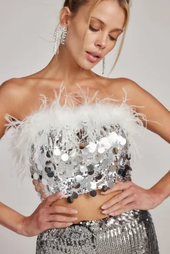 Clearance Sella Silver Sequin & Feather Trim Tube Top Going Out Tops|Tees + Tanks
