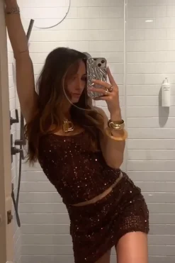 Fashion Solea Mocha Sequin Mini Skirt Date Night Bottoms|Going Out Bottoms