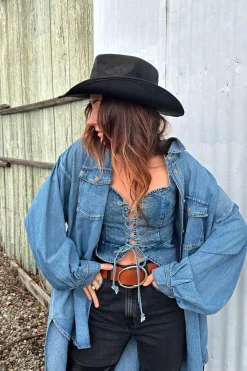 Sale Spears Denim Bustier Going Out Tops|Tees + Tanks