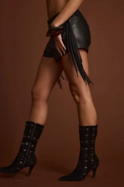 Fashion Steele Black Vegan Leather Fringe Shorts Shorts|Festival Bottoms