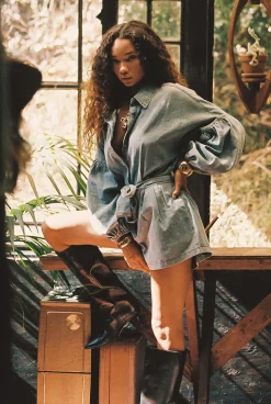 Outlet Stevie Balloon Sleeve Denim Romper Denim + Diamonds Bachelorette|Jumpsuits + Rompers