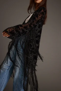 Outlet Stone Black Velvet Burnout Kimono Long Sleeves|Festival Tops