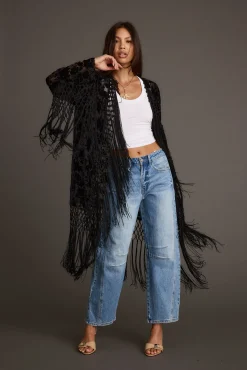 Outlet Stone Black Velvet Burnout Kimono Long Sleeves|Festival Tops
