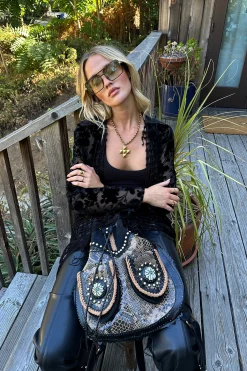 Outlet Stone Black Velvet Burnout Kimono Long Sleeves|Festival Tops