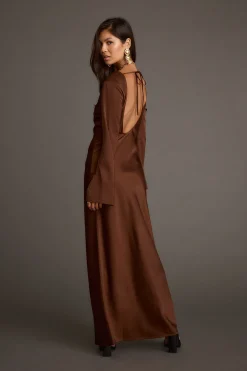Best Strokes Mocha Long Sleeve Plunge Satin Maxi Dress Wedding Guest Dresses|Maxi Dresses