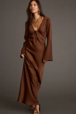 Best Strokes Mocha Long Sleeve Plunge Satin Maxi Dress Wedding Guest Dresses|Maxi Dresses