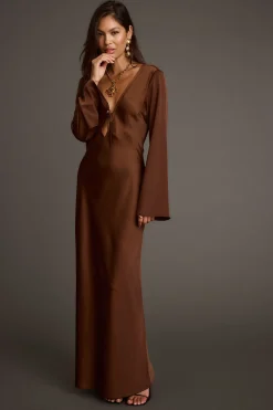 Best Strokes Mocha Long Sleeve Plunge Satin Maxi Dress Wedding Guest Dresses|Maxi Dresses