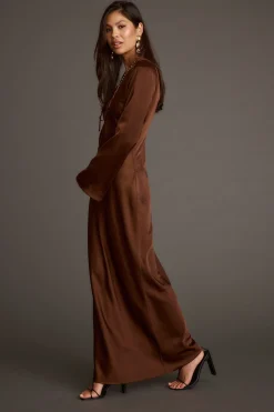 Best Strokes Mocha Long Sleeve Plunge Satin Maxi Dress Wedding Guest Dresses|Maxi Dresses