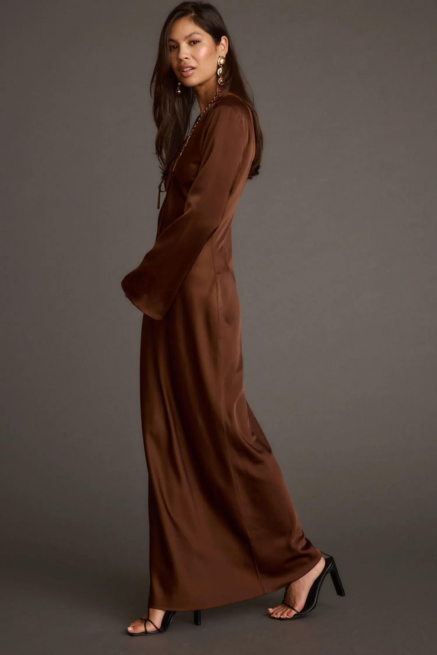 Best Strokes Mocha Long Sleeve Plunge Satin Maxi Dress Wedding Guest Dresses|Maxi Dresses