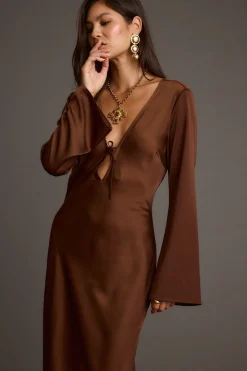 Best Strokes Mocha Long Sleeve Plunge Satin Maxi Dress Wedding Guest Dresses|Maxi Dresses
