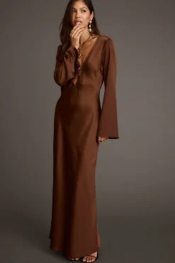 Best Strokes Mocha Long Sleeve Plunge Satin Maxi Dress Wedding Guest Dresses|Maxi Dresses