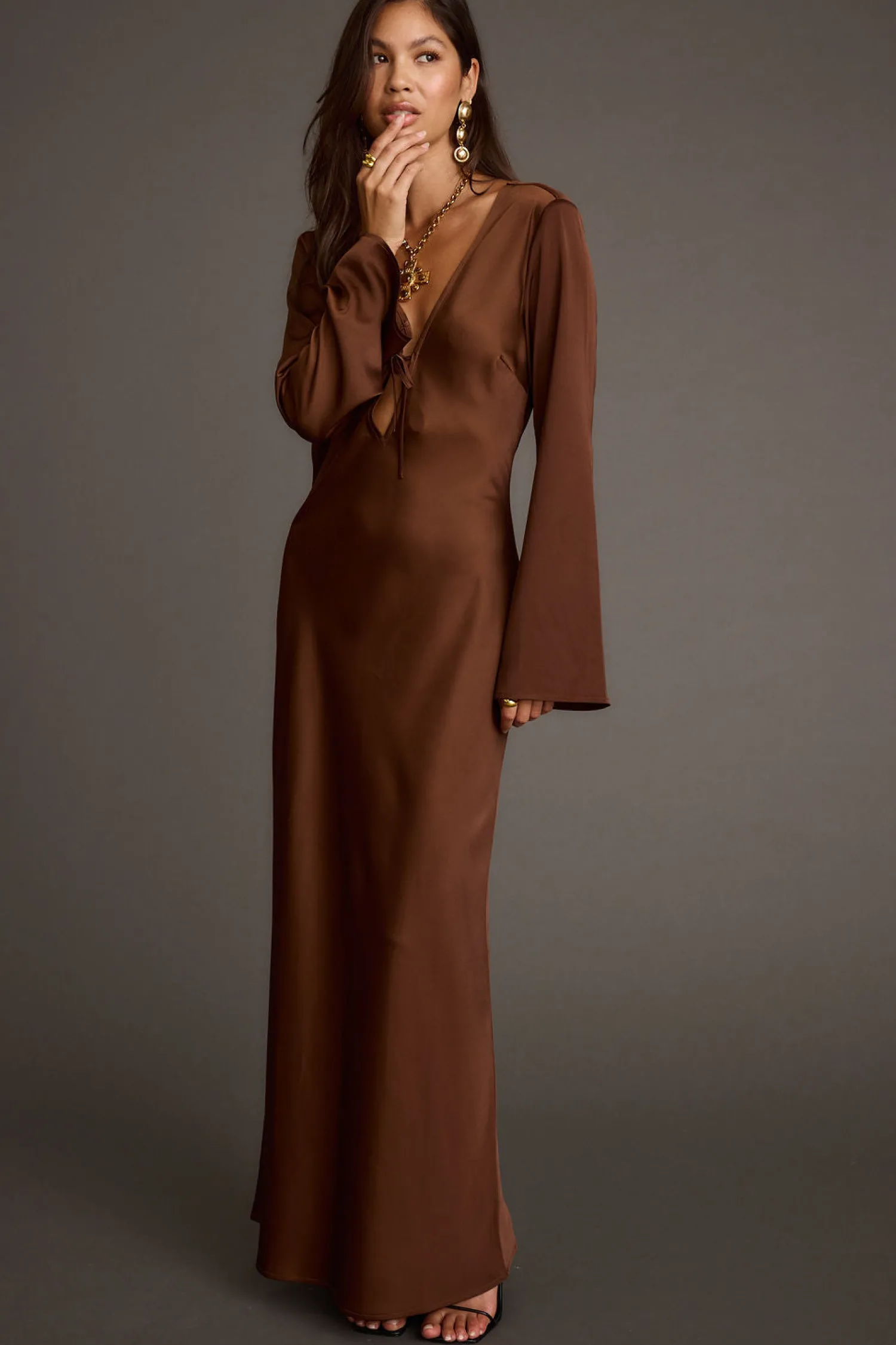 Best Strokes Mocha Long Sleeve Plunge Satin Maxi Dress Wedding Guest Dresses|Maxi Dresses