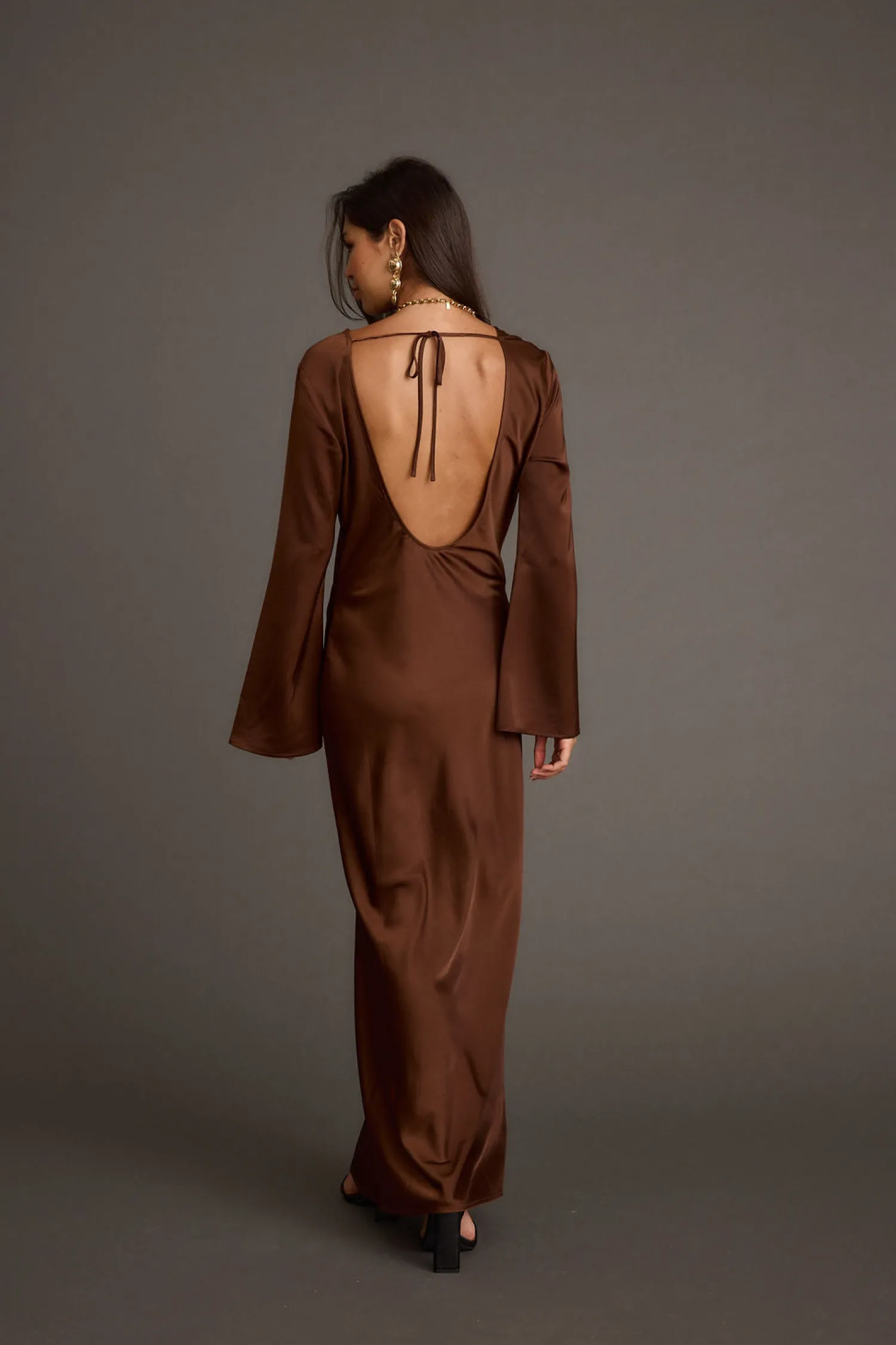 Best Strokes Mocha Long Sleeve Plunge Satin Maxi Dress Wedding Guest Dresses|Maxi Dresses
