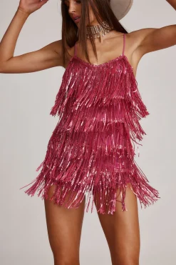 New Talia Pink Sequin Fringe Romper Western Bachelorette|Festival Restocked