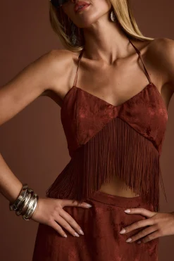 Clearance Tamsin Terracotta Jacquard Fringe Crop Top Going Out Tops|Sets