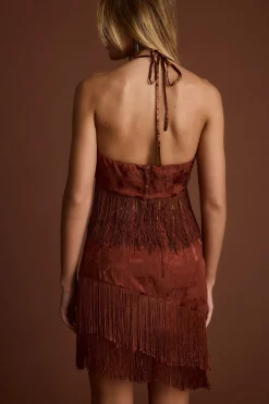 Clearance Tamsin Terracotta Jacquard Fringe Crop Top Going Out Tops|Sets