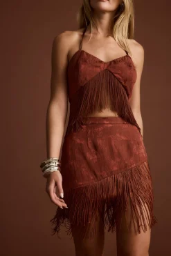 Clearance Tamsin Terracotta Jacquard Fringe Crop Top Going Out Tops|Sets