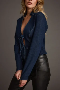New Taylor Open Tie Front Denim Top Date Night Tops|Long Sleeves