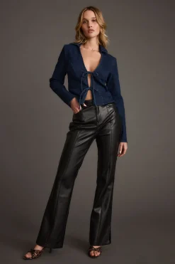 New Taylor Open Tie Front Denim Top Date Night Tops|Long Sleeves
