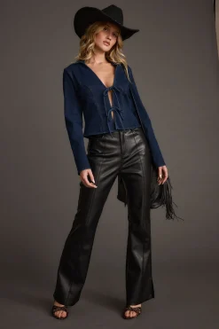 New Taylor Open Tie Front Denim Top Date Night Tops|Long Sleeves