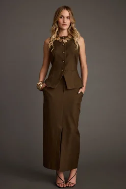 Clearance Tory Mocha Twill Button Front Sleeveless Top Workwear Tops|Sets