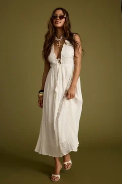 Clearance Turks Plunge White Gauze Maxi Dress The White Edit|Golden Hour Bachelorette