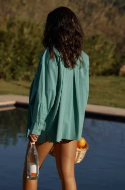 Best Vacanza Mint Button Up Top Long Sleeves|Vacation Tops