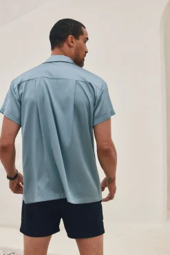 New Vaughn Blue Satin Camp Shirt Tees + Tanks|Vacation Tops
