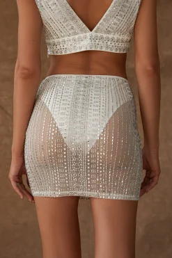 Sale Violet White Rhinestone Mesh Mini Skirt Going Out Bottoms|Skirts