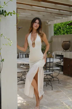 Hot Viviana Cream Halter Maxi Dress The White Edit|Golden Hour Bachelorette